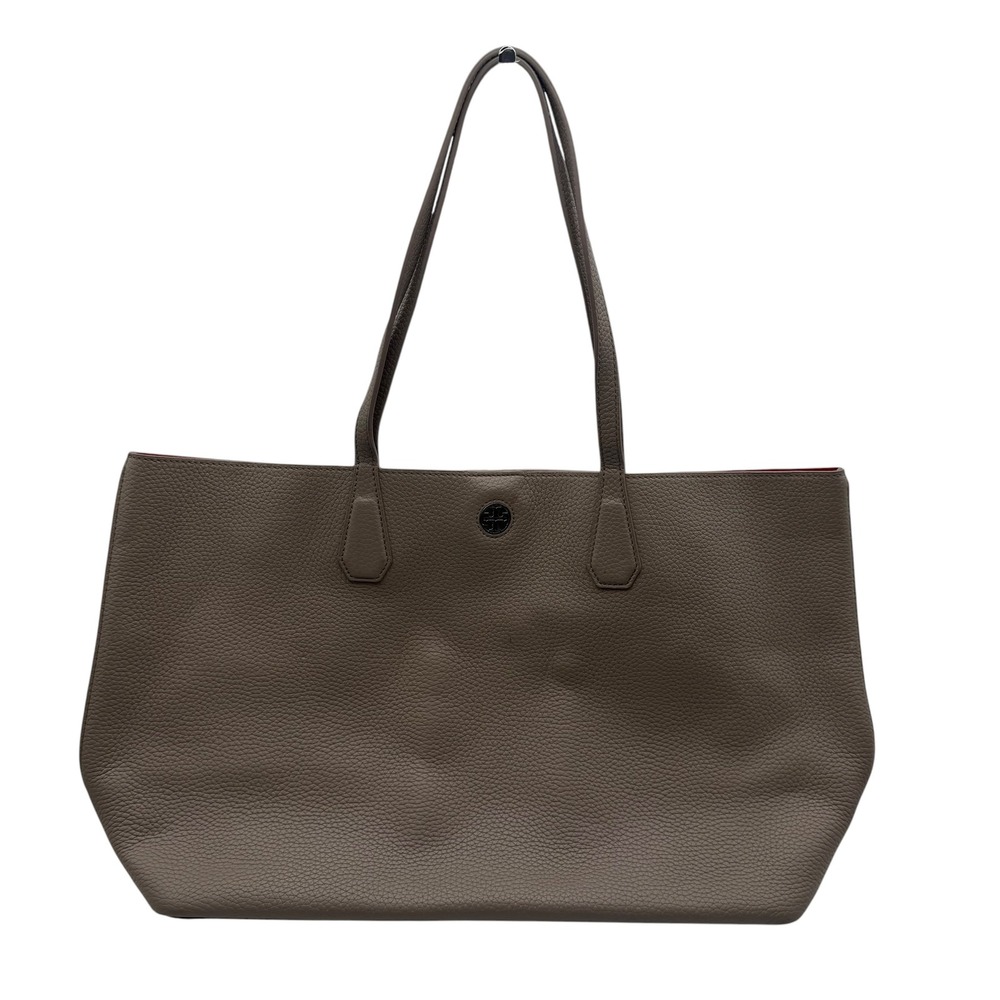 Tory Burch Perry Tote Taupe Pebbled Leather Shoulder Bag Classic Preppy Neutral